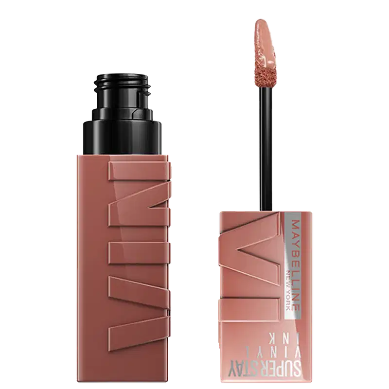 Produto de maquiagem Maybelline Super Stay Vinyl Ink, com embalagem preta e rosa, contendo um aplicador de ponta macia para aplicação do produto líquido de longa duração.
