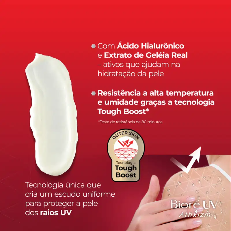 Com Ácido Hialurônico e Extrato de Geleia Real - ativos que ajudam na hidratação da pele. Resistência a alta temperatura e umidade graças à tecnologia Tough Boost*.