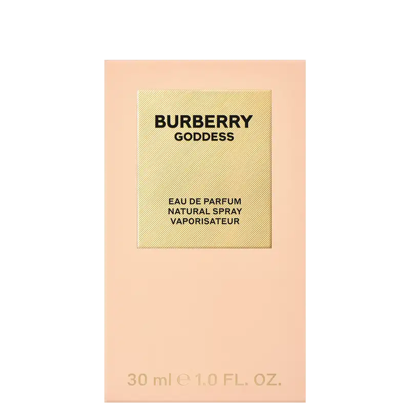 Frasco de perfume Burberry Goddess com 30 ml, embalagem em tons de bege e amarelo, com texto em preto destacando o nome da fragrância e informações sobre o produto.