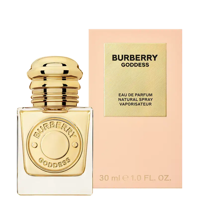 Frasco de perfume Burberry Goddess com 30 ml, embalagem em tons de bege e amarelo, com texto em preto destacando o nome da fragrância e informações sobre o produto.