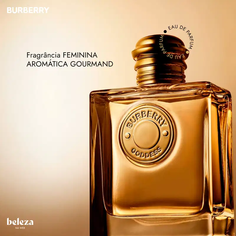 Frasco de item de perfumaria da marca Burberry com design dourado e textura metálica, com texto "Fragrância FEMININA AROMÁTICA GOURMAND" visível.