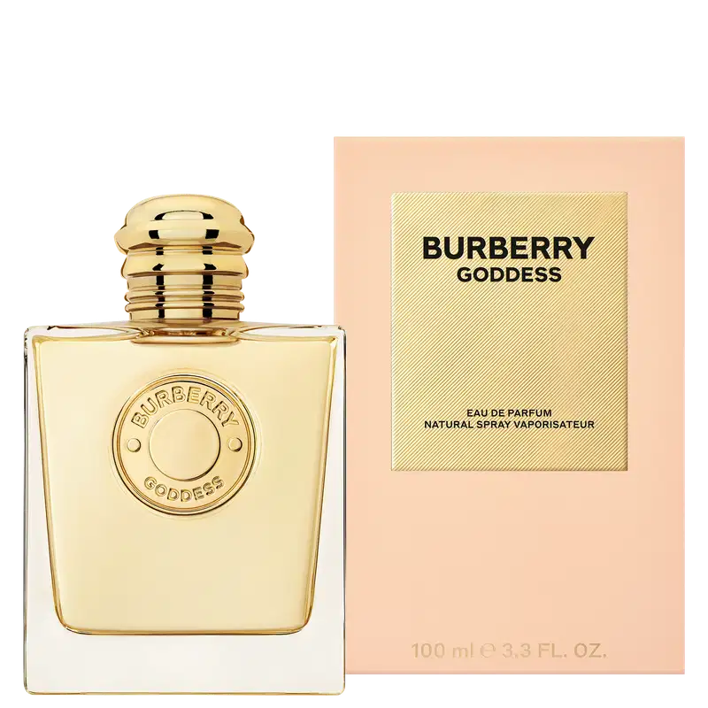Frasco de perfume Burberry Goddess em embalagem retangular de cor pêssego com detalhes em dourado, contendo 100 ml de produto.