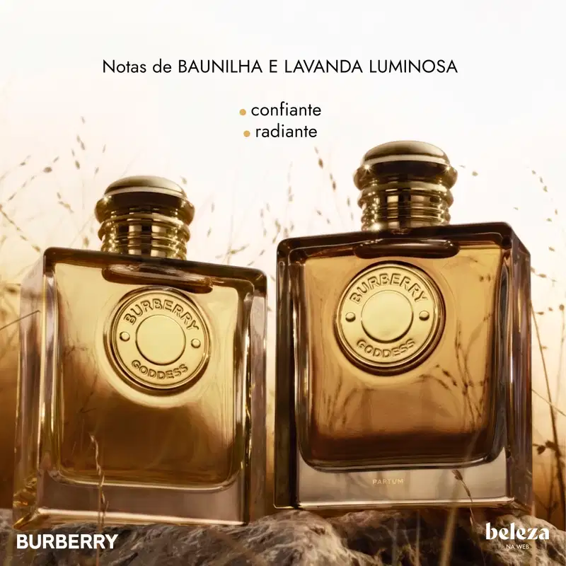 Dois frascos de item de perfumaria da marca Burberry, com rótulos dourados exibindo os dizeres "Burberry Goddess".