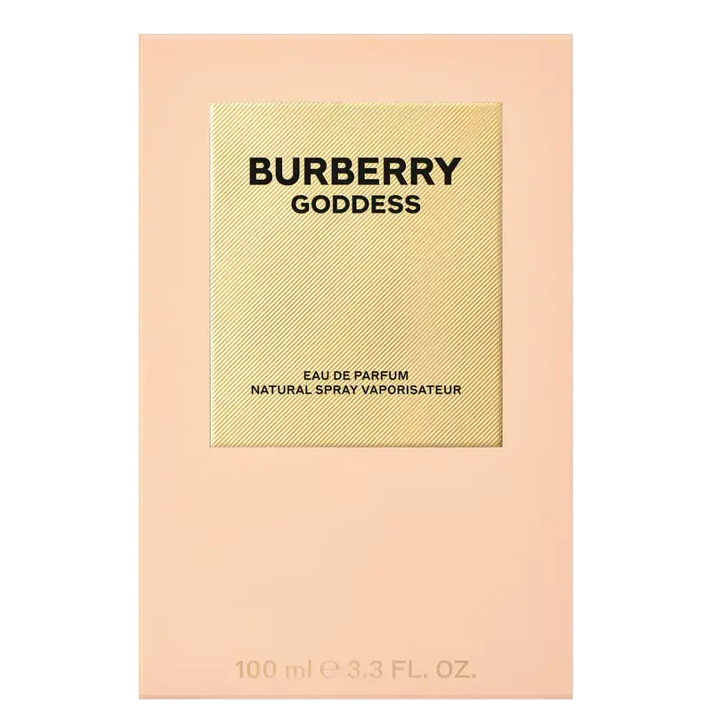 Frasco de perfume Burberry Goddess em embalagem retangular de cor pêssego com detalhes em dourado, contendo 100 ml de produto.
