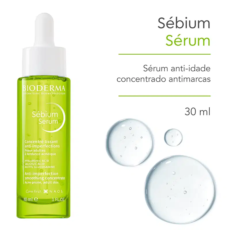 O sérum Bioderma Sébium apresenta uma textura líquida, de coloração verde clara, com aspecto fluido e leve. Sua aparência é transparente e brilhante, sugerindo uma consistência suave e fácil de aplicar na pele.