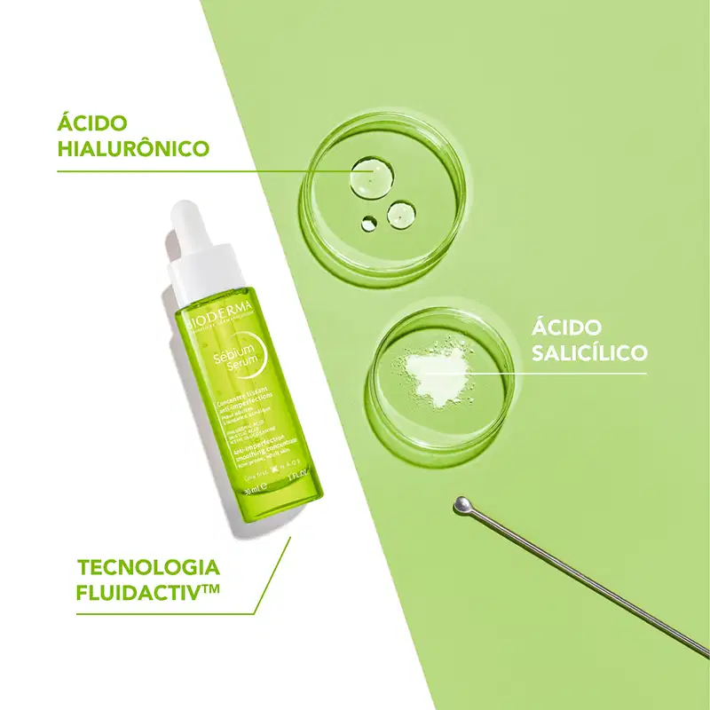 Ambiente de produtos de beleza da marca Bioderma, com destaque para o soro de sebum e os ingredientes ácido hialurônico e ácido salicílico, em um cenário minimalista e monocromático em tons de verde.