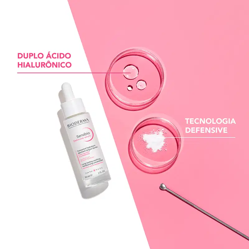 Embalagem de produto de cuidados para a pele da marca Bioderma em fundo rosa, com elementos de tecnologia e design minimalista.