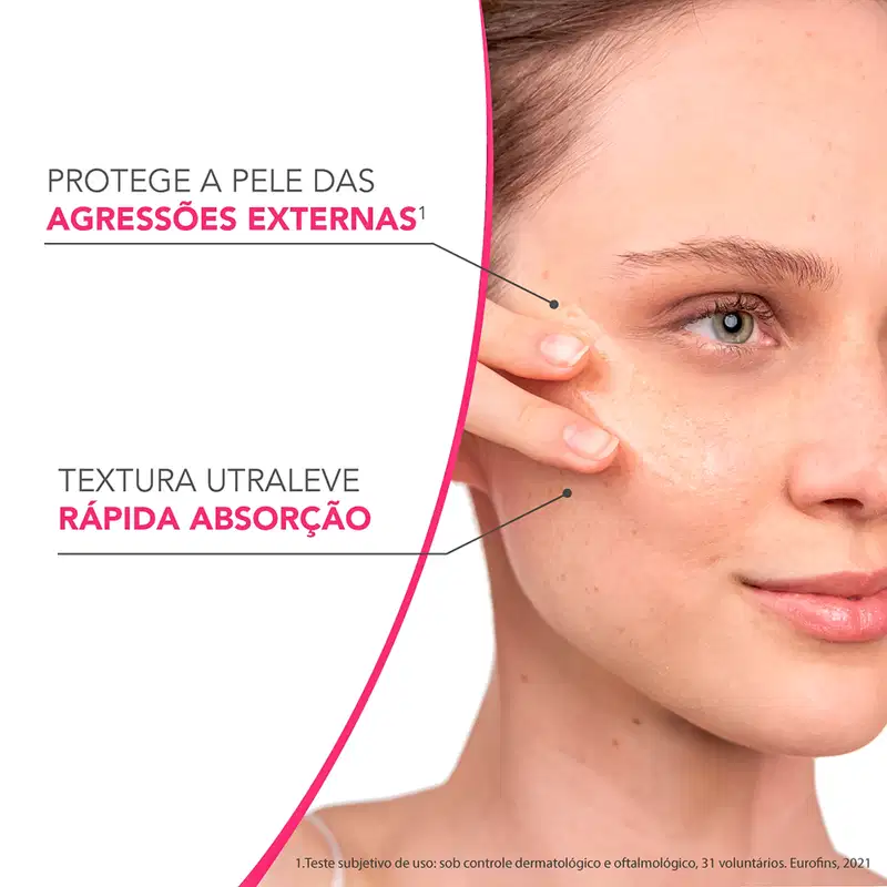 Imagem de produto de cuidados para pele com texto "PROTEGE A PELE DAS AGRESSÕES EXTERNAS" e "TEXTURA UTRALEVE RÁPIDA ABSORÇÃO".