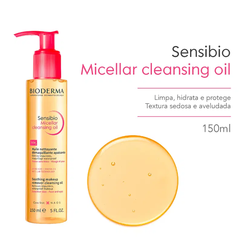 Frasco de óleo de limpeza micelar da marca Bioderma com textura líquida, brilhante e transparente, com gotas aparentes em superfície circular.