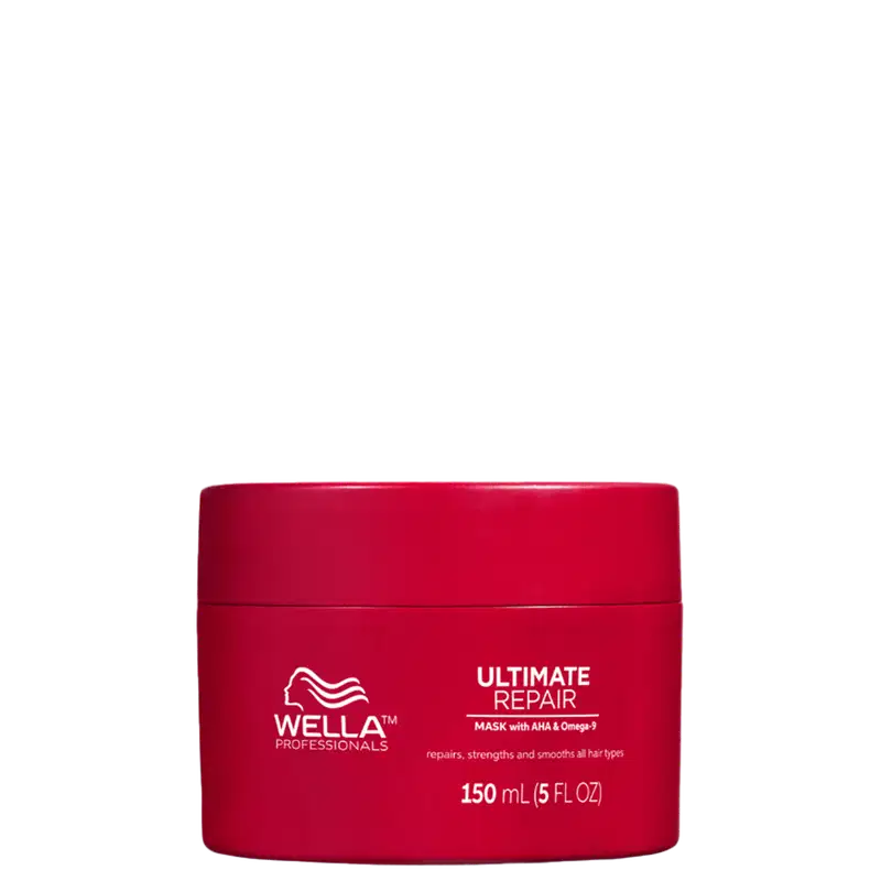 Produto de tratamento capilar da linha Wella Professionals. Máscara Ultimate Repair em embalagem vermelha opaca. Capacidade de 150ml (5fl oz) indicada na embalagem.