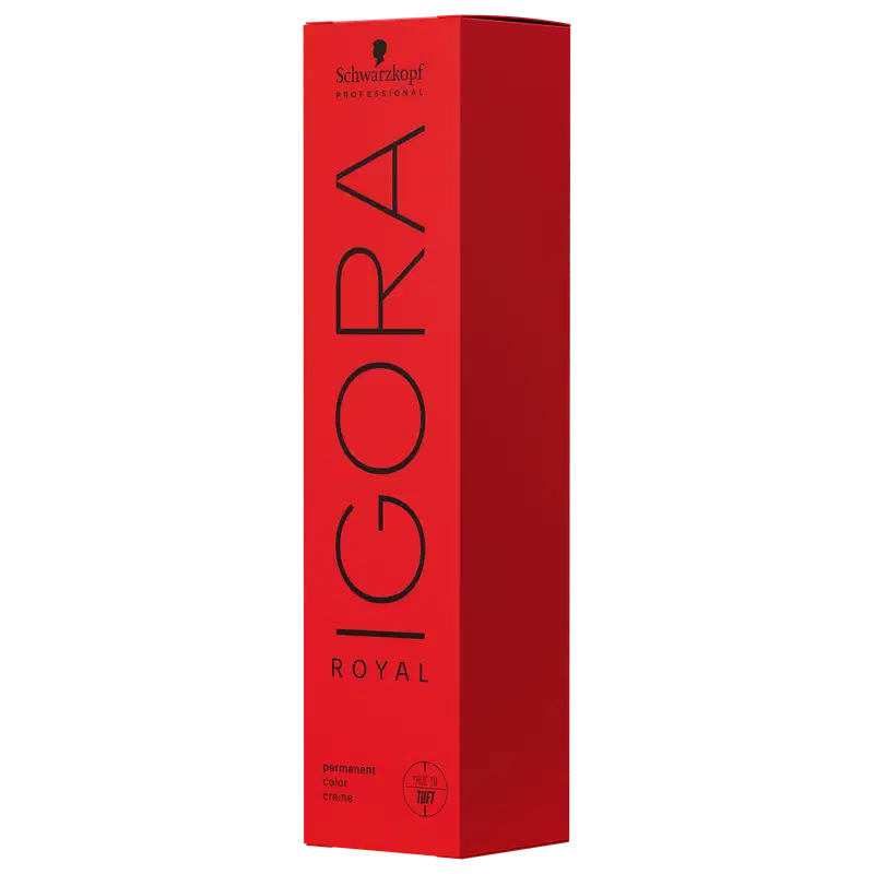 Caixa e tubo de Coloração de cabelo da marca Schwarzkopf Professional, na cor vermelha, com o nome "Igora Royal" impresso em preto. O produto é descrito como uma tintura de cabelo permanente.