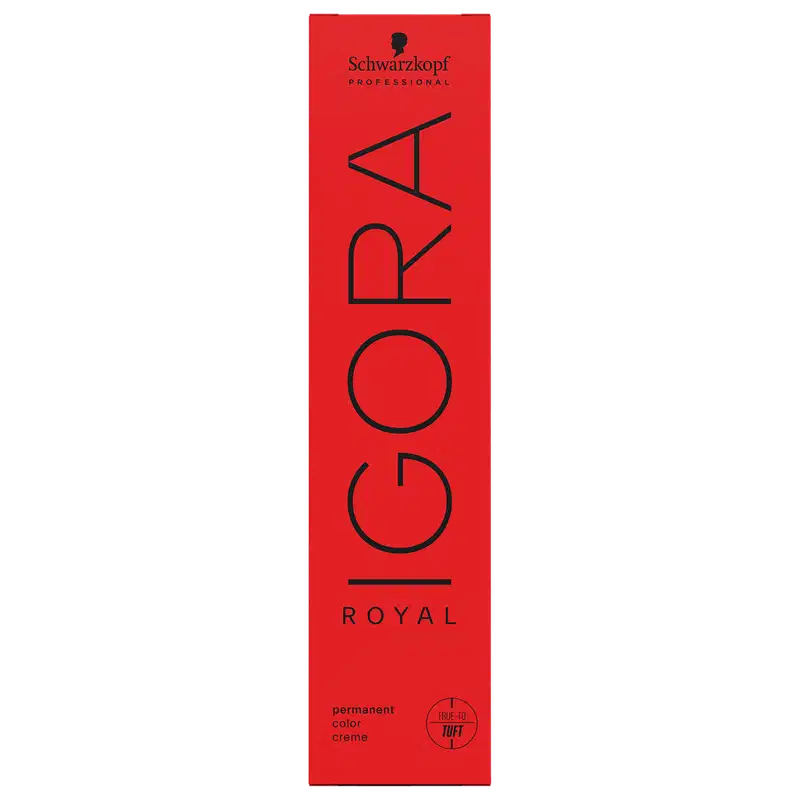 Caixa e tubo de Coloração de cabelo da marca Schwarzkopf Professional, na cor vermelha, com o nome "Igora Royal" impresso em preto. O produto é descrito como uma tintura de cabelo permanente.