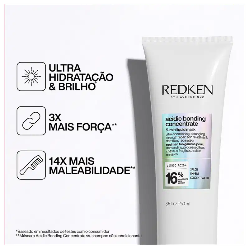 Embalagem de item de perfumaria da marca Redken. Contém informações sobre o produto "Acidic Bonding Concentrate", incluindo descrição de benefícios e concentração de ingredientes.