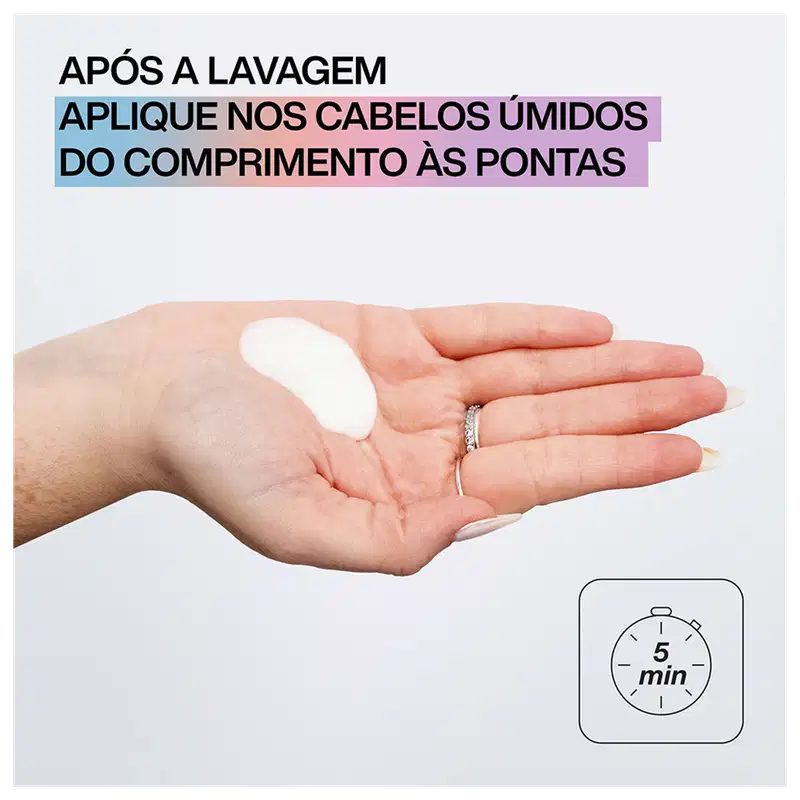 Após a lavagem, aplique os cabelos úmidos do comprimento às pontas. Imagem mostra uma mão segurando um item de perfumaria com um cronômetro indicando 5 minutos.