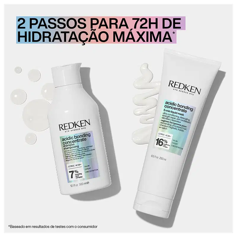 Dois produtos de beleza da marca Redken: um frasco de shampoo "Acidic Bonding Concentrate" e um tubo de máscara "Acidic Bonding Concentrate". O texto no shampoo indica "2 passos para 72h de hidratação máxima" 