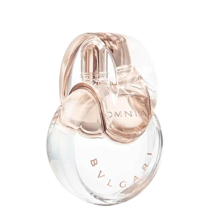 Omnia Crystalline é um perfume Bvlgari feminino floral. Embalagem transparente com detalhes em cor rosada.