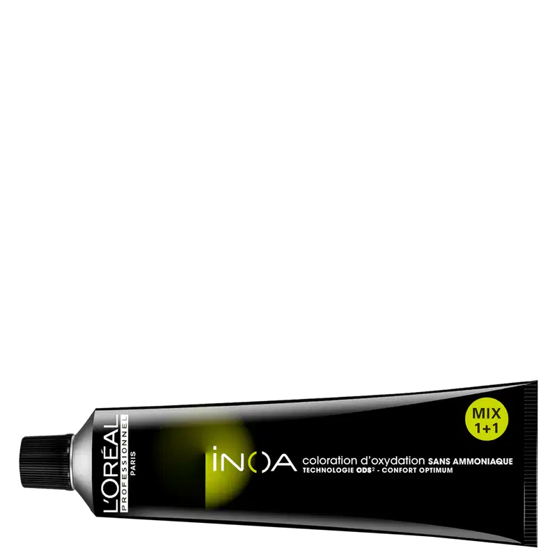 Tubo de tinta de cabelo da marca Inoa, com embalagem preta e detalhes em amarelo. 