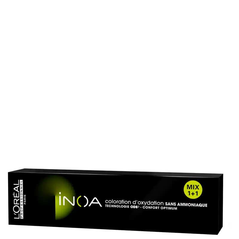 Caixa de tinta de cabelo da marca Inoa, com embalagem preta e detalhes em amarelo. 