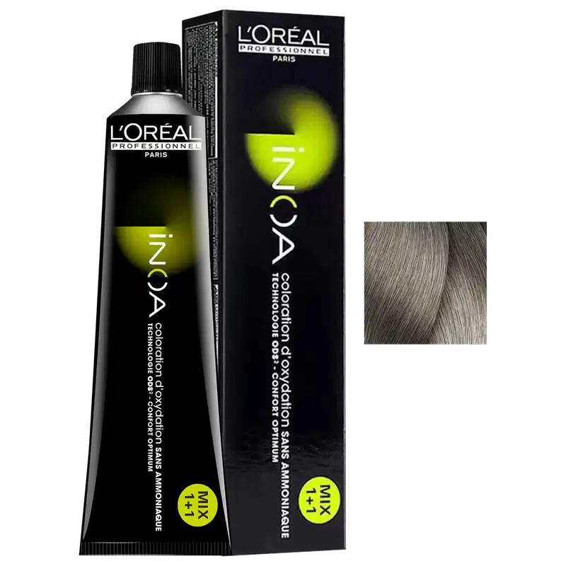 Frasco de item de perfumaria da marca L'Oréal Professionnel, com embalagem preta e verde, contendo produto coloração para cabelos, com texto legível no rótulo.