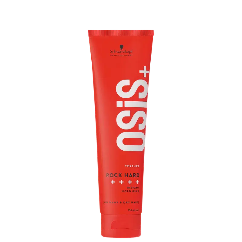 Tubo plástico vermelho com o nome "Osis+" em letras brancas grandes. Abaixo está escrito "ROCK HARD" e "INSTANT HOLD GLUE" em letras menores, indicando que é um gel fixador de cabelo de alta fixação. O tubo tem 150ml.