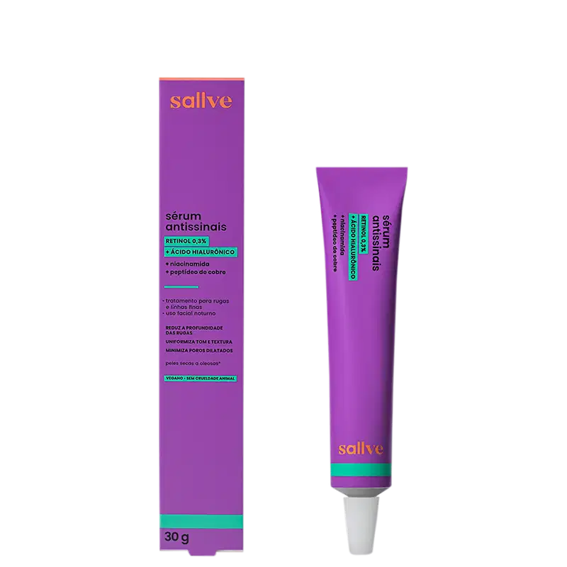 Caixa e tubo de item de skincare da marca Sallve. A caixa é de cor roxa com texto laranja "Sallve" e detalhes em verde. O tubo é roxo com texto laranja "Sallve" e informações sobre o produto, incluindo "Sérum antissínais" e ingredientes.