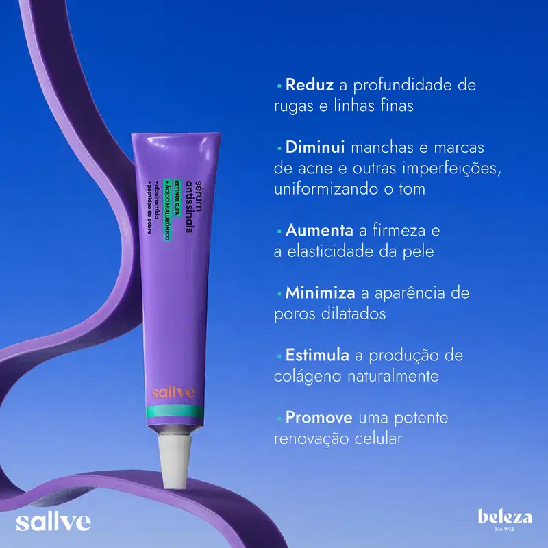 Embalagem de item de skincare em tons de roxo, com texto descrevendo seus benefícios para a pele, como reduzir rugas, uniformizar tom e aumentar firmeza. Fundo azul intenso cria contraste vibrante. Imagem transmite conceito de cuidados e renovação celular