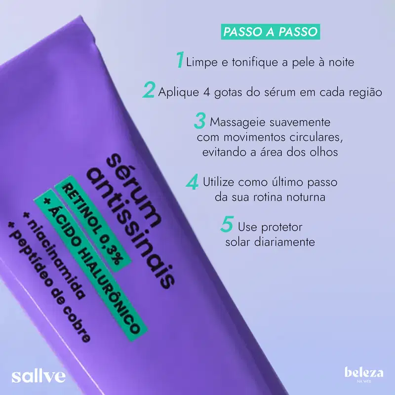"Passo a passo: 1. Limpe e tonifique a pele à noite. 2. Aplique 4 gotas do sérum em cada região. 3. Massageie suavemente com movimentos circulares, evite a área dos olhos. 4. Utilize como último passo da rotina noturna. 5. Use protetor solar diariamente."