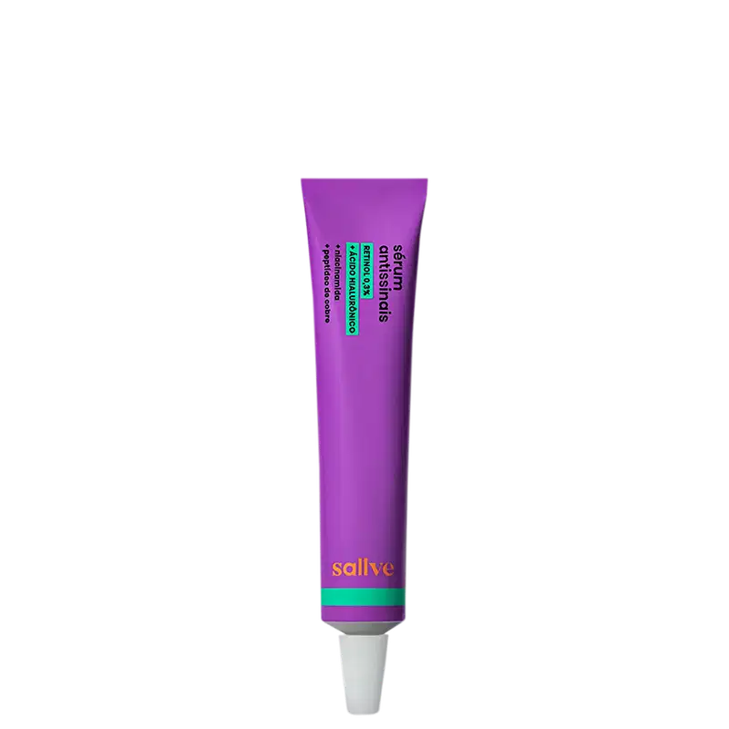 Tubo de item de skincare da marca Sallve em embalagem roxa com detalhes em verde. 