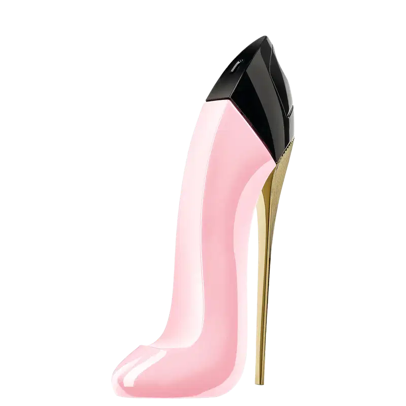 Perfume feminino Carolina Herrera em frasco preto e rosa com detalhes dourados, apresentando design elegante e sofisticado.