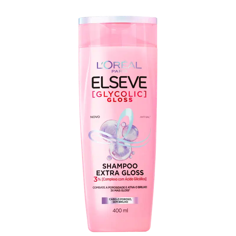 Frasco rosa de shampoo Elseve Glycolic Gloss, com rótulo destacando o complexo com ácido glicólico e promessa de combate à porosidade e brilho extra. Embalagem de 400 ml.