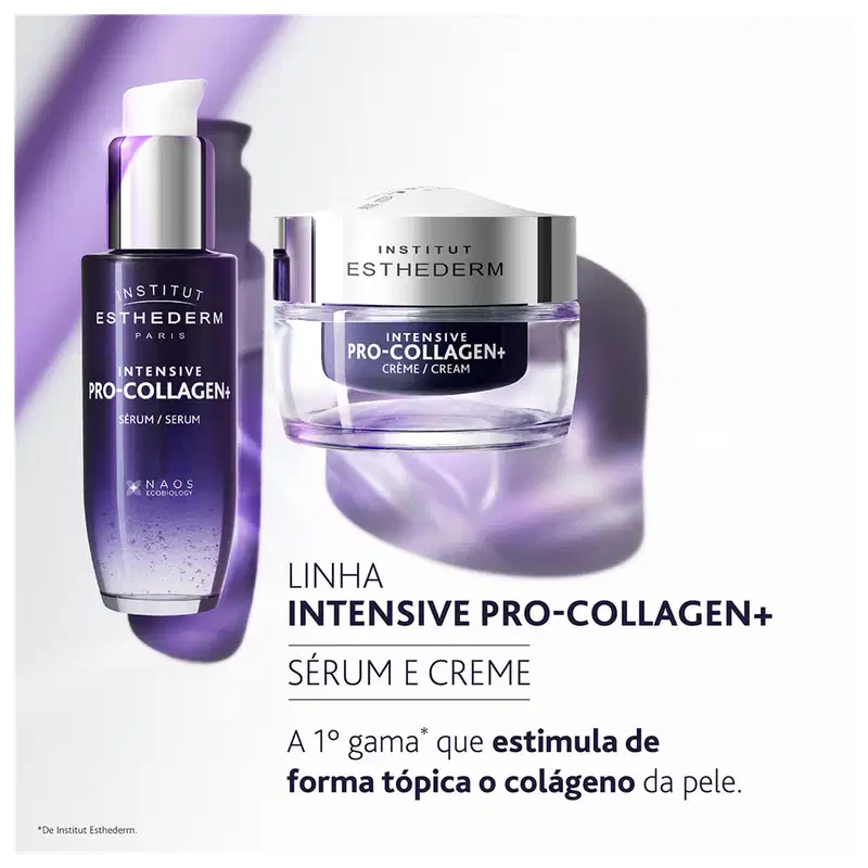 Marca Institut Esthederm, com soro e creme da linha Intensive Pro-Collagen+, com textura e cor violeta, apresentando informações sobre os benefícios do produto.