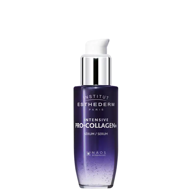 Frasco de sérum facial da marca Esthederm, em tons de roxo e branco. O rótulo destaca o nome "Intensive Pro-Collagen+"