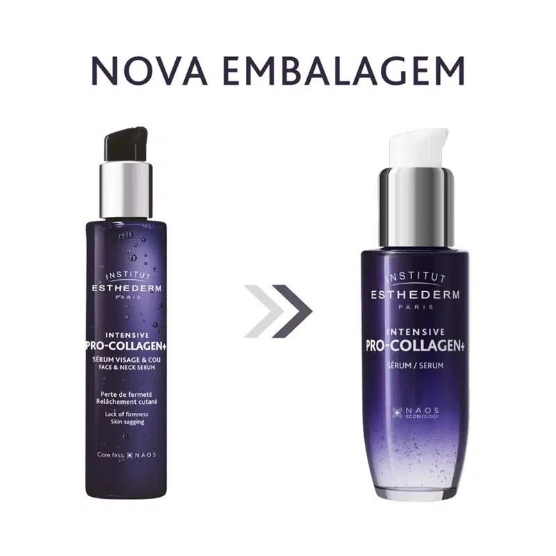 A IMAGEM MOSTRA A MUDANÇA DE EMBALAGEM DO PRODUTO INTENSIVE PRO-COLLAGEN+SERUM. TEXTO NA IMAGEM: NOVA EMBALAGEM

