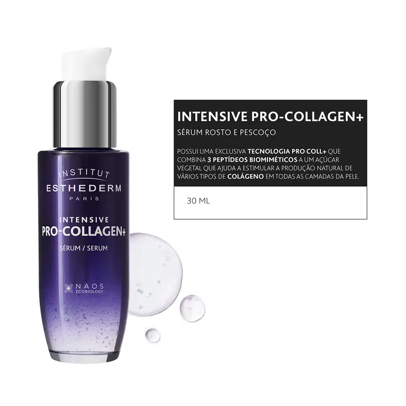 TEXTO NA IMAGEM: INTENSIVE PRO-COLLAGEN+ SÉRUM ROSTO E PESCOÇO - POSSUI UMA EXCLUSIVA TECNOLOGIA PRO COLL+ QUE COMBINA 3 PEPTÍDEOS BIOMIMÉTRICOS A UM AÇÚCAR VEGETAL QUE AJUDA A ESTIMULAR A PRODUÇÃO NATURAL DE COLÁGENO EM TODAS AS CAMADAS DA PELE.