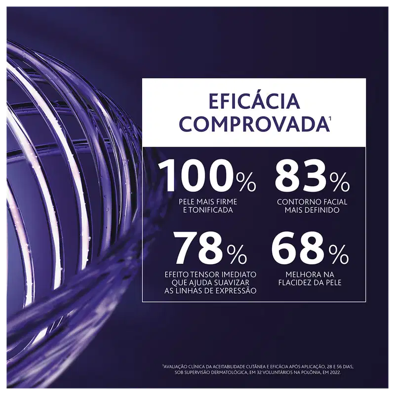  "EFICÁCIA COMPROVADA" e dados sobre melhoria da firmeza da pele, definição do contorno facial, suavização de linhas de expressão e flacidez.