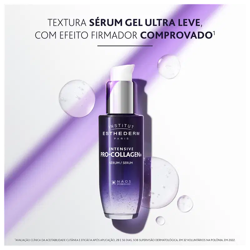 Frasco de sérum de colágeno da marca Esthederm Paris com textura de gel ultra leve e efeito firmador comprovado, em embalagem com fundo roxo e branco.