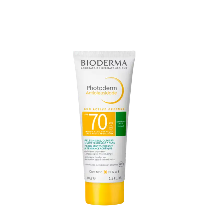 Tubo de protetor solar Bioderma Photoderm Antioleosidade, com FPS 70, para peles mistas, oleosas e com tendência à acne. Embalagem branca e amarela com rótulo destacado.