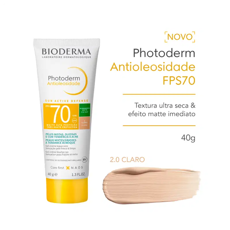 Embalagem branca e amarela de protetor solar Photoderm Antioleoside FPS70 da marca Bioderma, com textura ultra seca e efeito matte imediato, indicado para peles mistas, oleosas e com tendência a acne.
