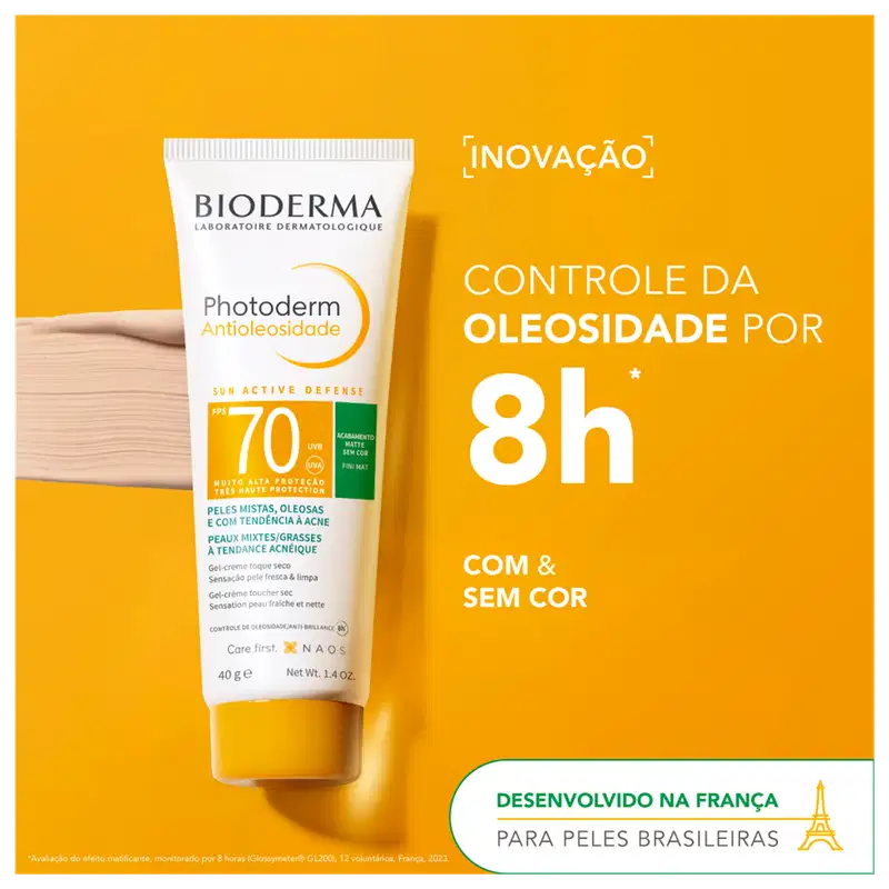 Tubo branco de protetor solar Bioderma Photoderm com FPS 70, promete controle da oleosidade por 8h, sem cor, para peles mistas, oleosas e com tendência a acne, desenvolvido na França para peles brasileiras.