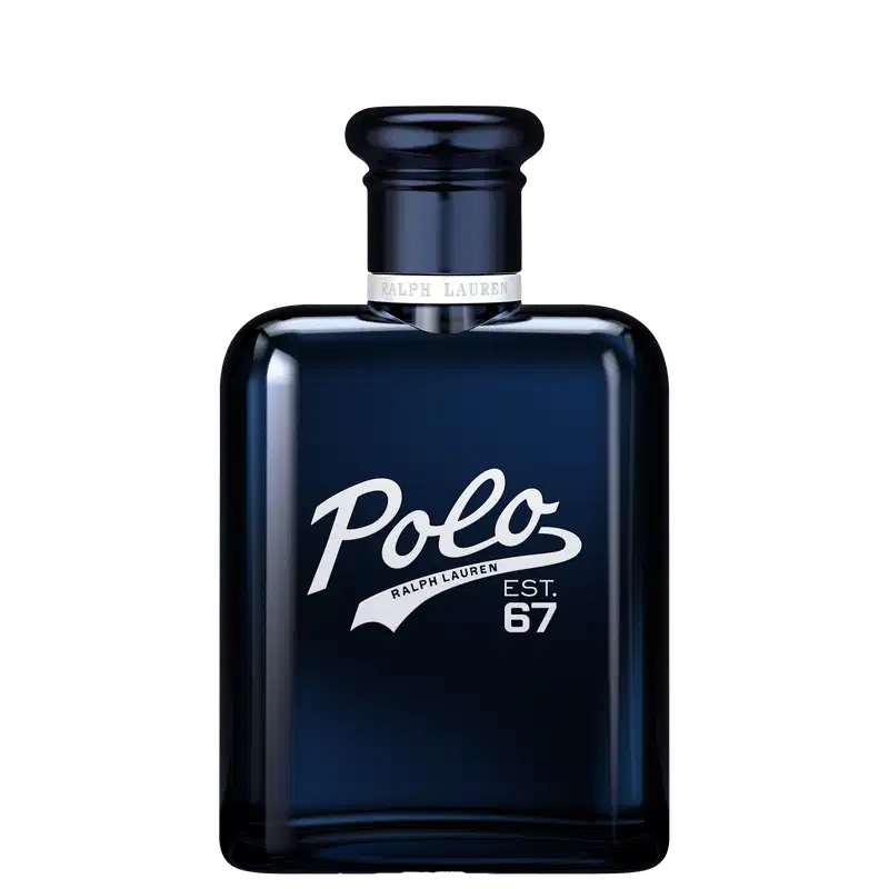 Frasco de perfume Polo da Ralph Lauren em tom azul escuro com rótulo branco destacando o nome Polo 67. Embalagem elegante e minimalista com tampa preta.