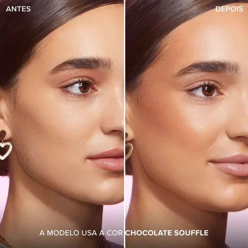 A imagem mostra duas fotos lado a lado de uma modelo usando o produto. Na foto "Antes", seu rosto tem uma aparência natural e sem maquiagem. Na foto "Depois", sua pele está visivelmente mais uniforme e com um tom levemente bronzeado.