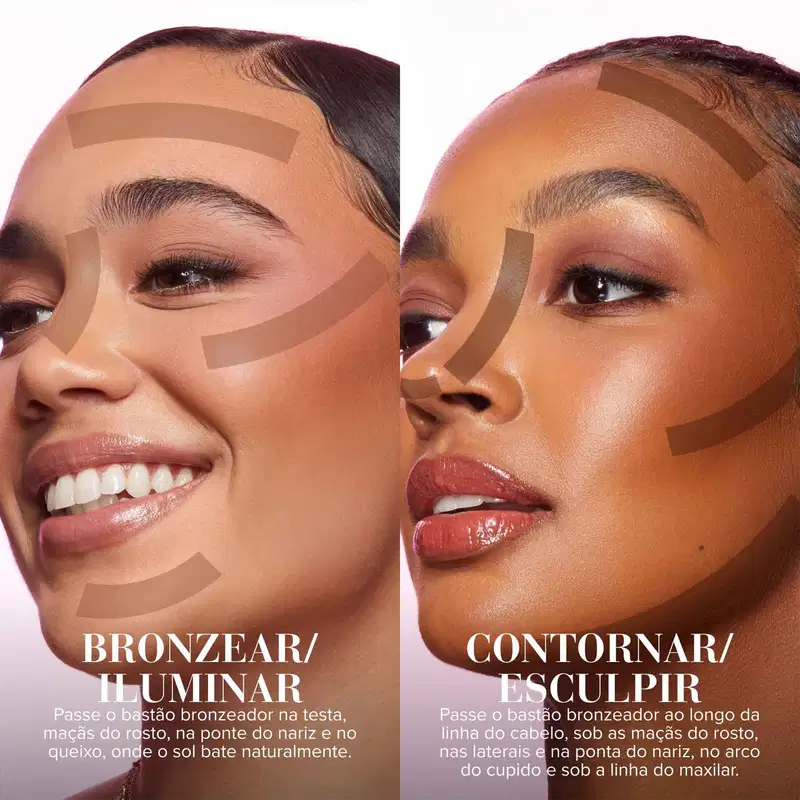 As imagens mostram close-ups de dois rostos femininos com diferentes tons de pele bronzeada com um bronzeado mais esculpido e contornado.