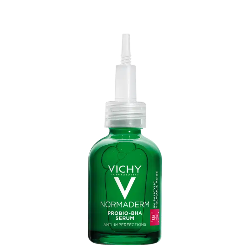 Frasco de sérum Normaderm Probio-BHA da Vichy, com embalagem verde e branca, contendo informações sobre o produto anti-imperfeições.