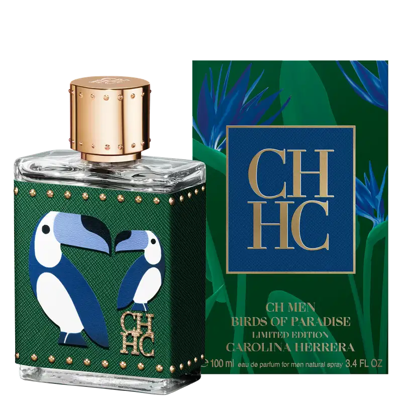 A imagem mostra um frasco de perfume, do lado esquerdo, e do lado direito a caixa do perfume, na cor verde com detalhes em azul, logo da marca em dourado com fundo azul, além de informações sobre o produto em cor dourada.