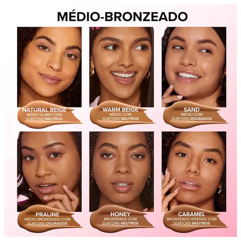 A imagem é dividida em 6 retângulos, cada um com o rosto de uma mulher, mostrando o rosto usando a base e indicando que o produto, com suas diversas cores, atende várias tonalidades de pele.