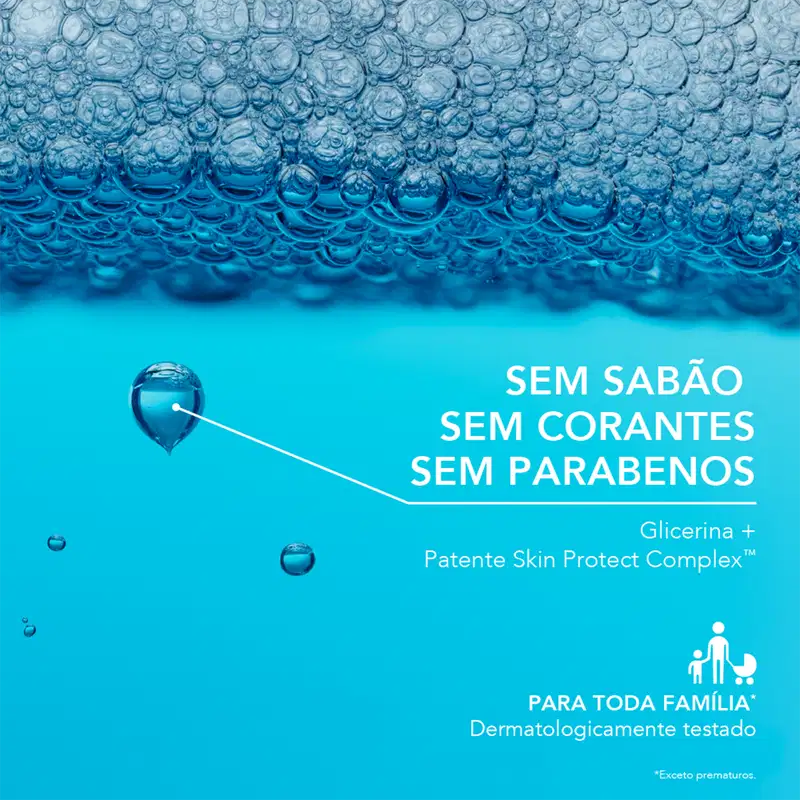  "Sem sabão, sem corantes, sem parabenos" e informações sobre ingredientes e benefícios.