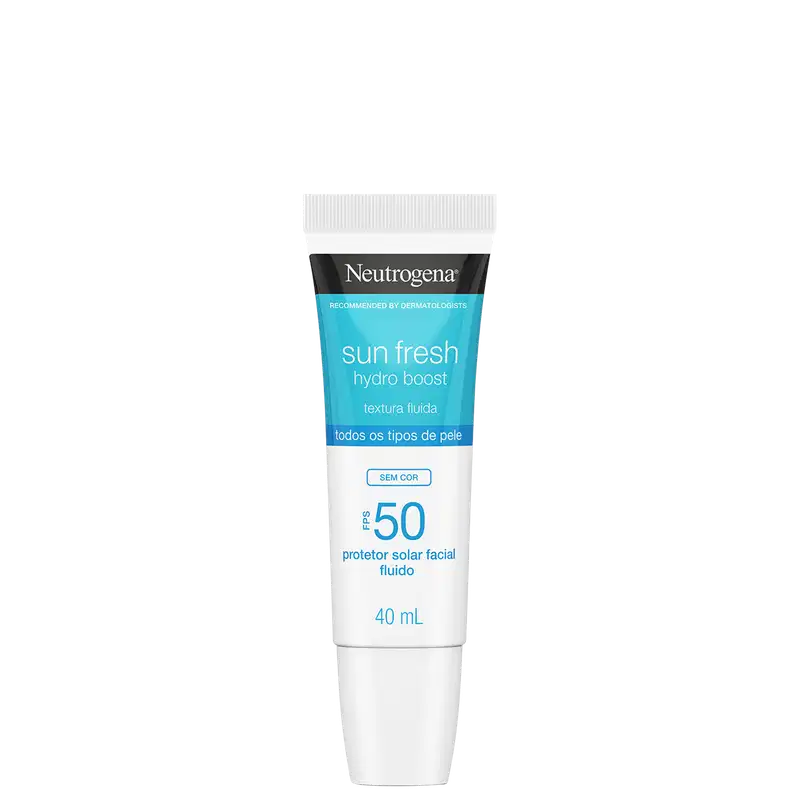 A imagem mostra o Protetor solar facial da linha Sun Fresh Hydro Boost da Neutrogena. Embalagem plástica cilíndrica branca e azul. Rótulo indicando fator de proteção solar 50, textura fluida, sem cor, para todos os tipos de pele.