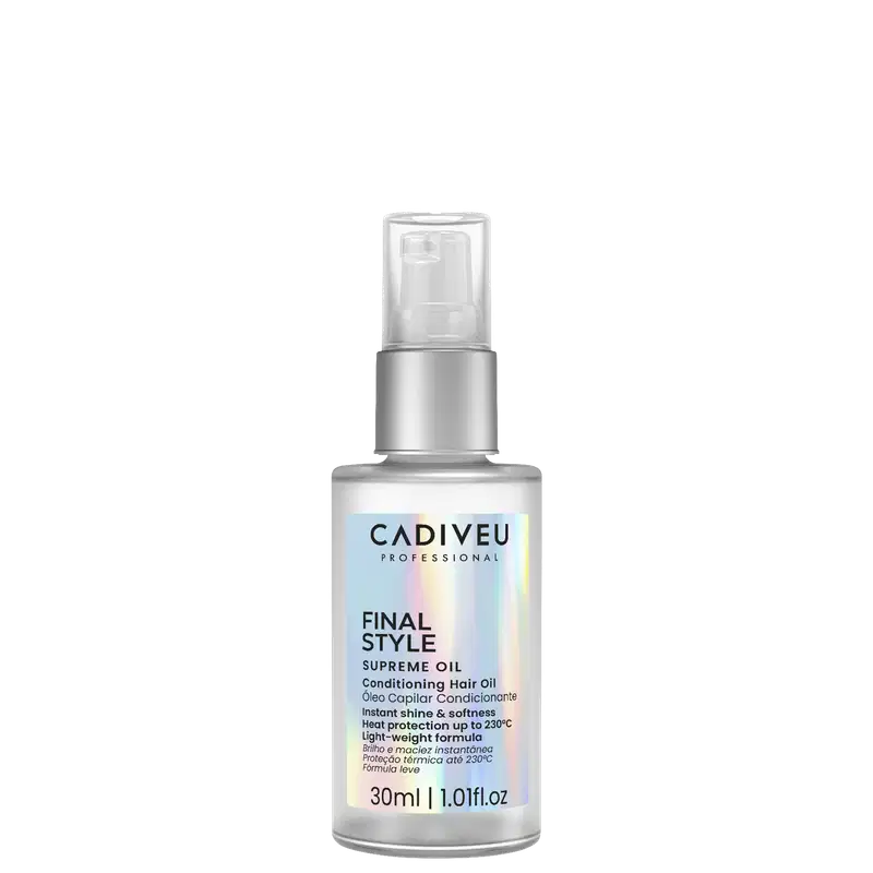 A imagem mostra o Óleo Capilar Cadiveu Professional Final Style Supreme Oil 30ml, uma embalagem prateada fosca com detalhes holográficos e texto na cor preta. Traz as informações: brilho e maciez instantânea, proteção térmica e fórmula leve.