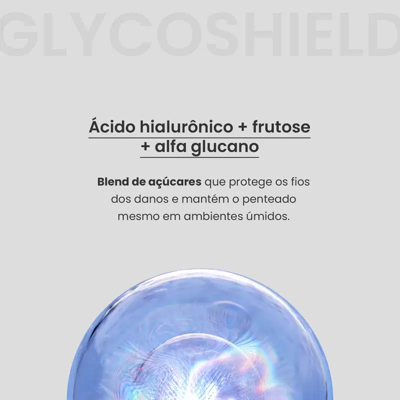 A imagem apresenta o texto: Glycoshield. Ácido hialurônico + frutose + alfa glucano. Blend de açúcares que protege os fios dos danos e mantém o penteado mesmo em ambientes úmidos. Abaixo há uma bolha azul representando o elemento.