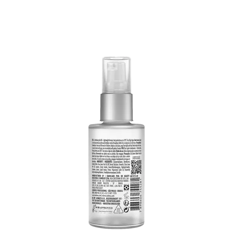 A imagem mostra a parte de trás do Óleo Capilar Cadiveu Professional Final Style Supreme Oil. Traz texto e informações detalhadas sobre o produto, ação, composição e instruções de uso.